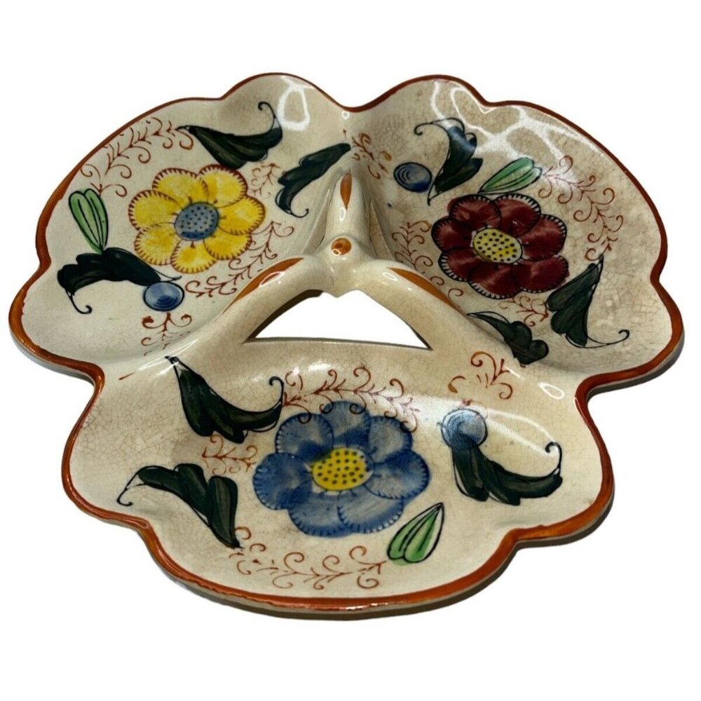 Vintage Japan Floral Pottery Divided Trio Flower HP Folk Art Dish w/ Handle